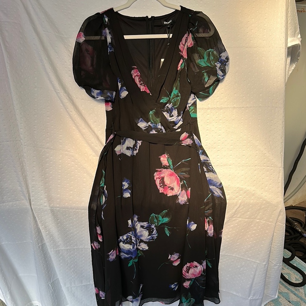 Dkny Pink and Purple Puff Sleeve V-Neck Midi Dress